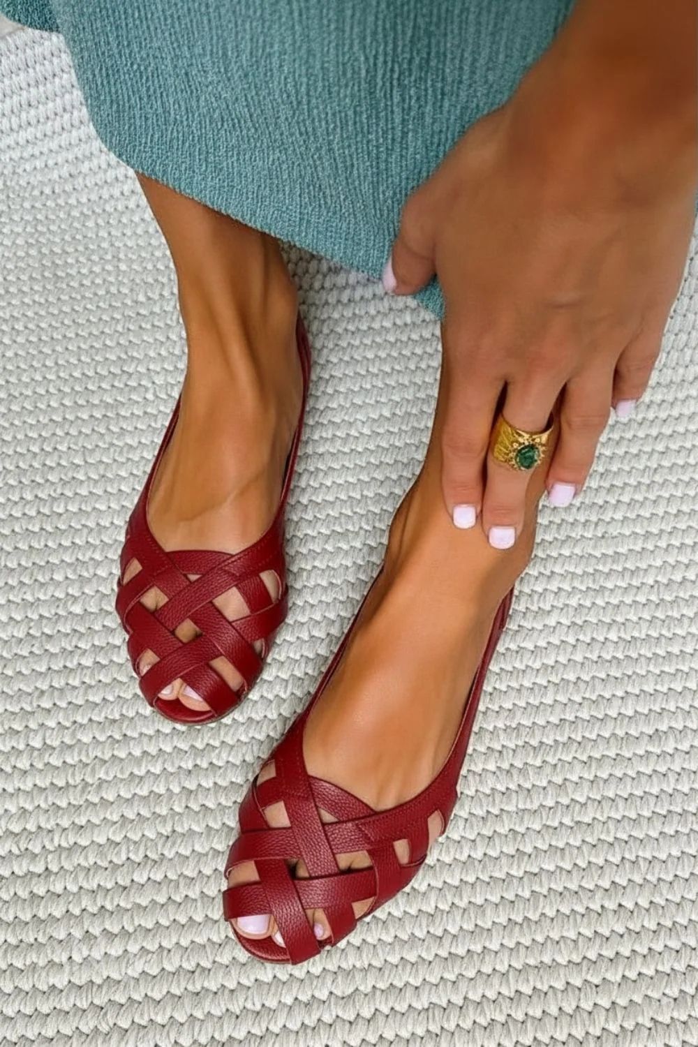 Comfortable Burgundy Woven Flat Open-Toe Sandals