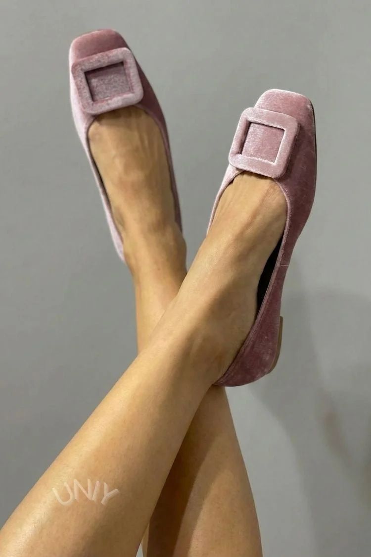 Velvet Square-Toe Flats with Buckle