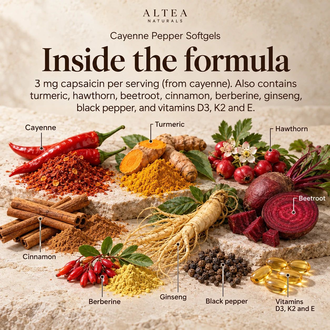 Altea Naturals® Cayenne Pepper Softgels — Ingredients and formula
