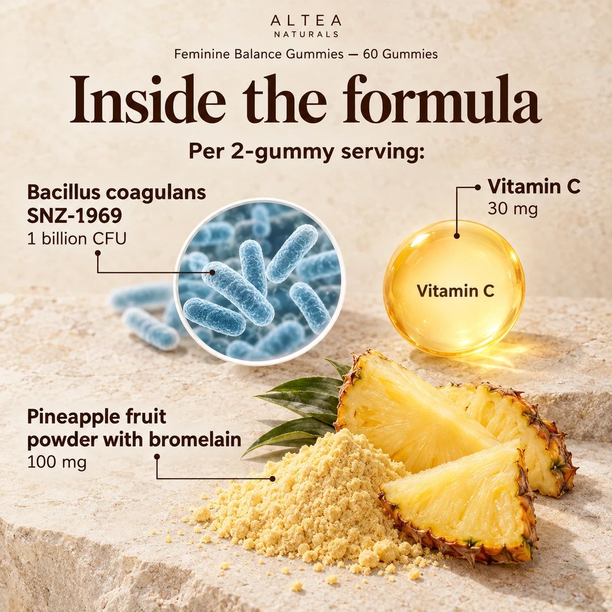 Altea Naturals® Feminine Balance Gummies — 60 Gummies — Ingredients and formula