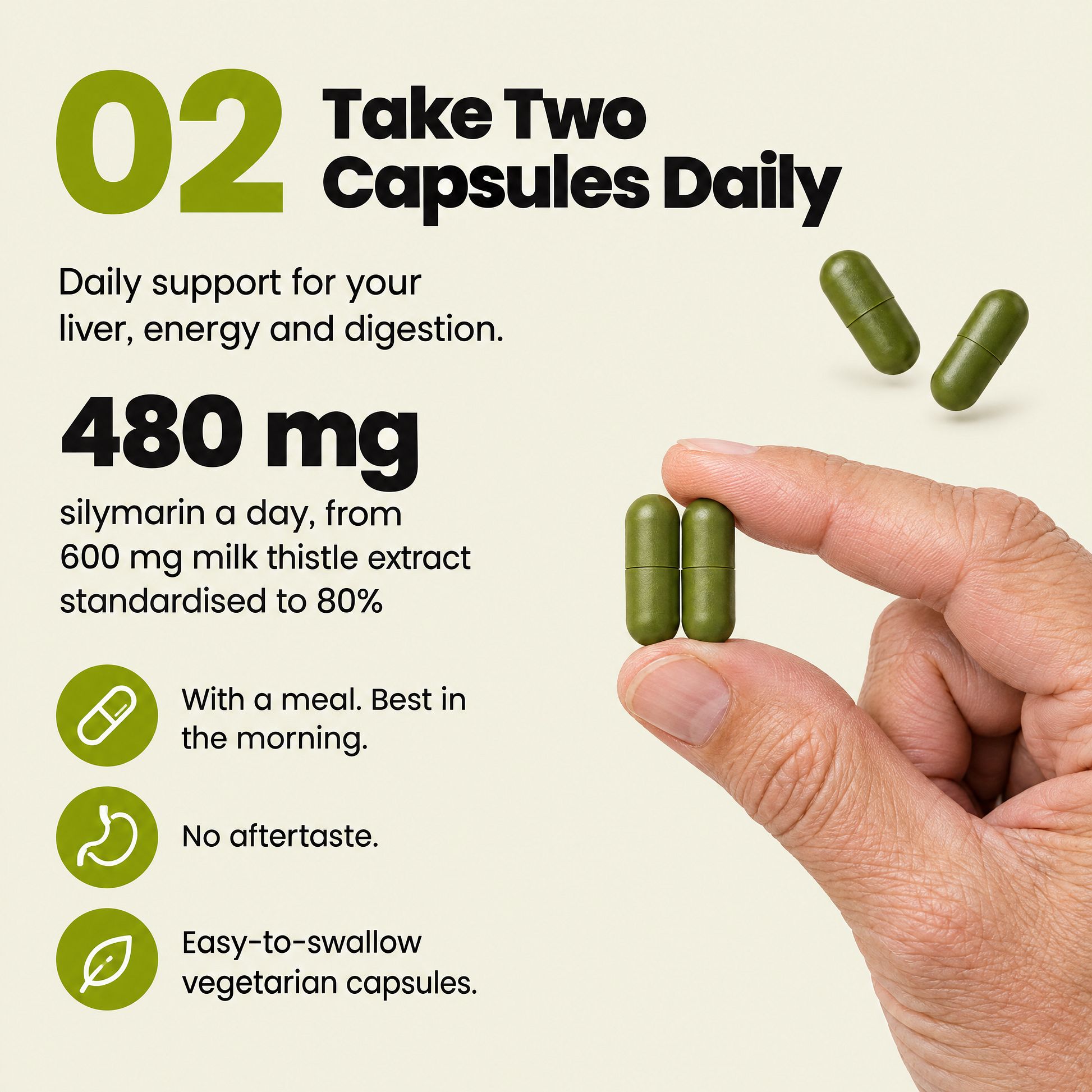 Take two capsules daily: 480 mg silymarin a day