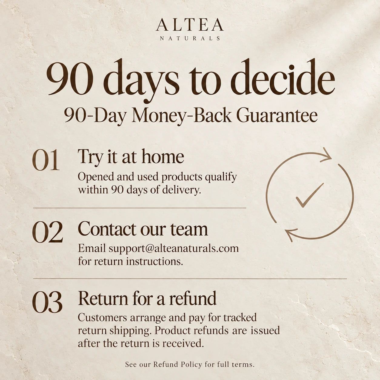 Altea Naturals — 90-day money-back guarantee and customer-paid return information
