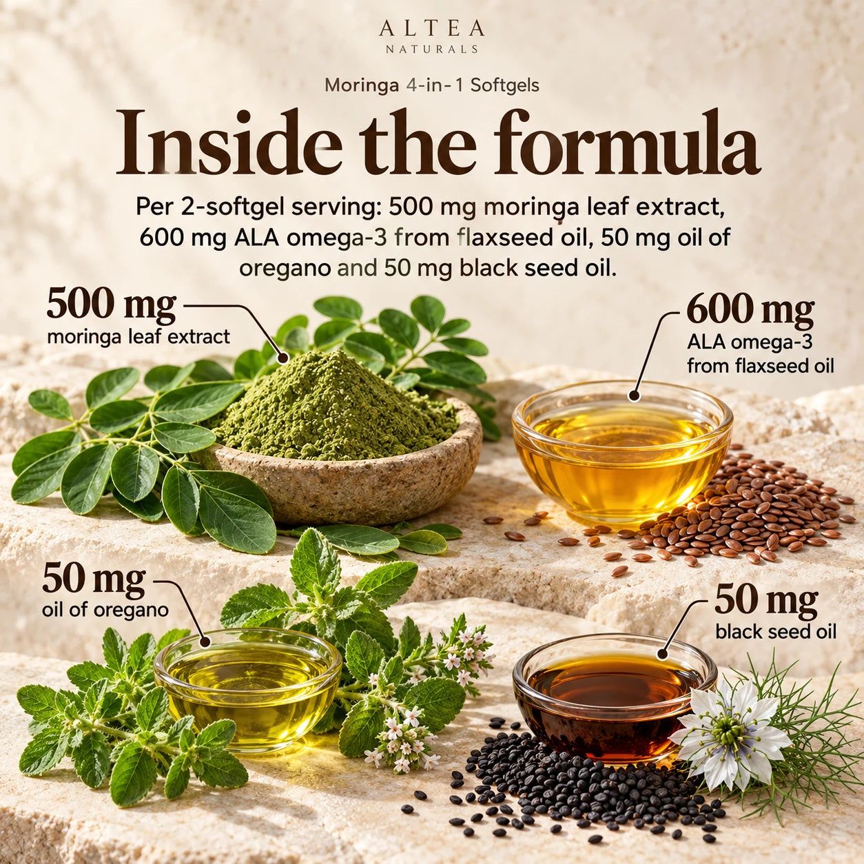 Altea Naturals® Moringa 4-in-1 Softgels — Ingredients and formula