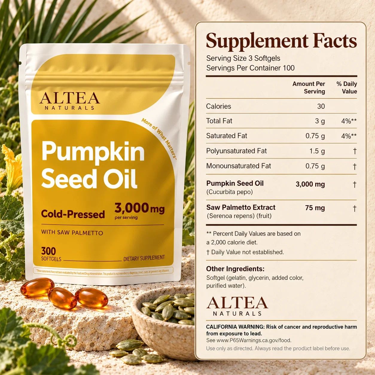 Supplement Facts: serving size 3 softgels; pumpkin seed oil 3,000 mg; saw palmetto extract 75 mg; 20 servings; 60 softgels