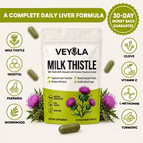 Veyola Milk Thistle pouch with its eight active ingredients and 30-day money back guarantee