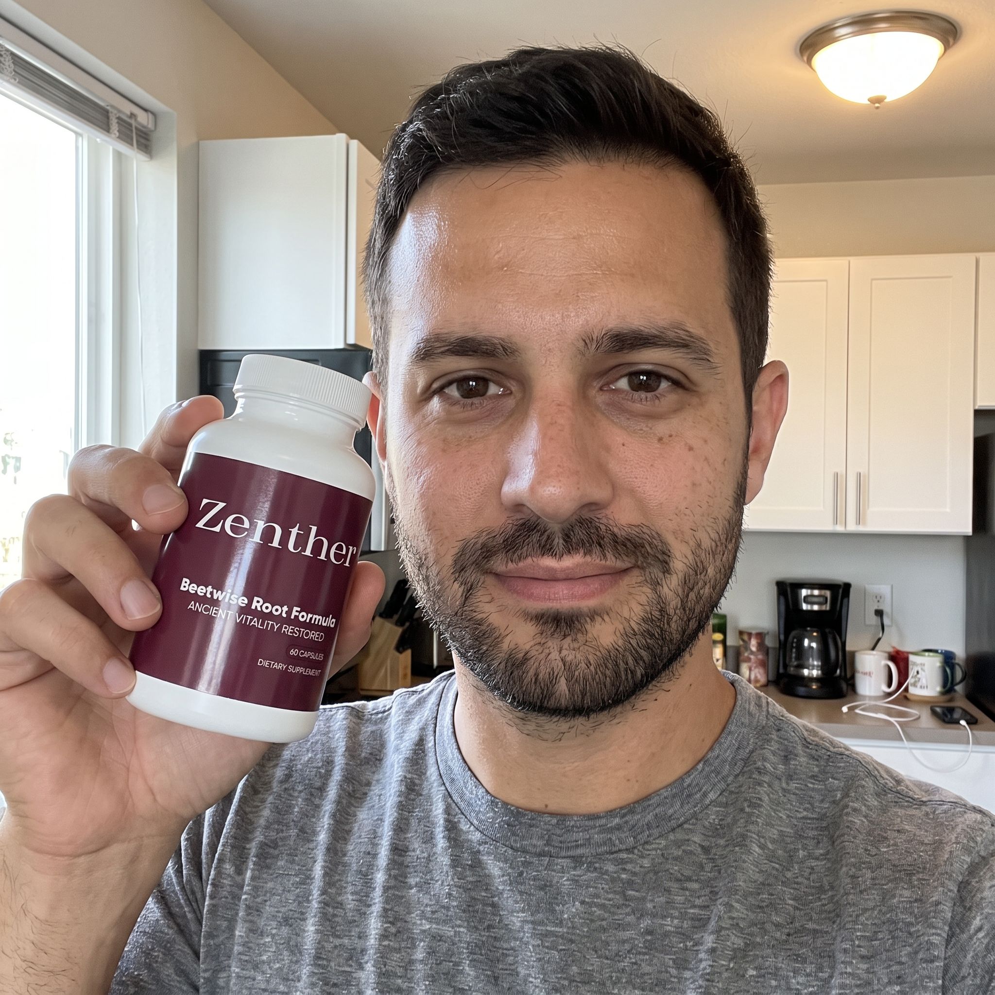 Man in his 30s holding a bottle of Zenther BeetWise Root Formula