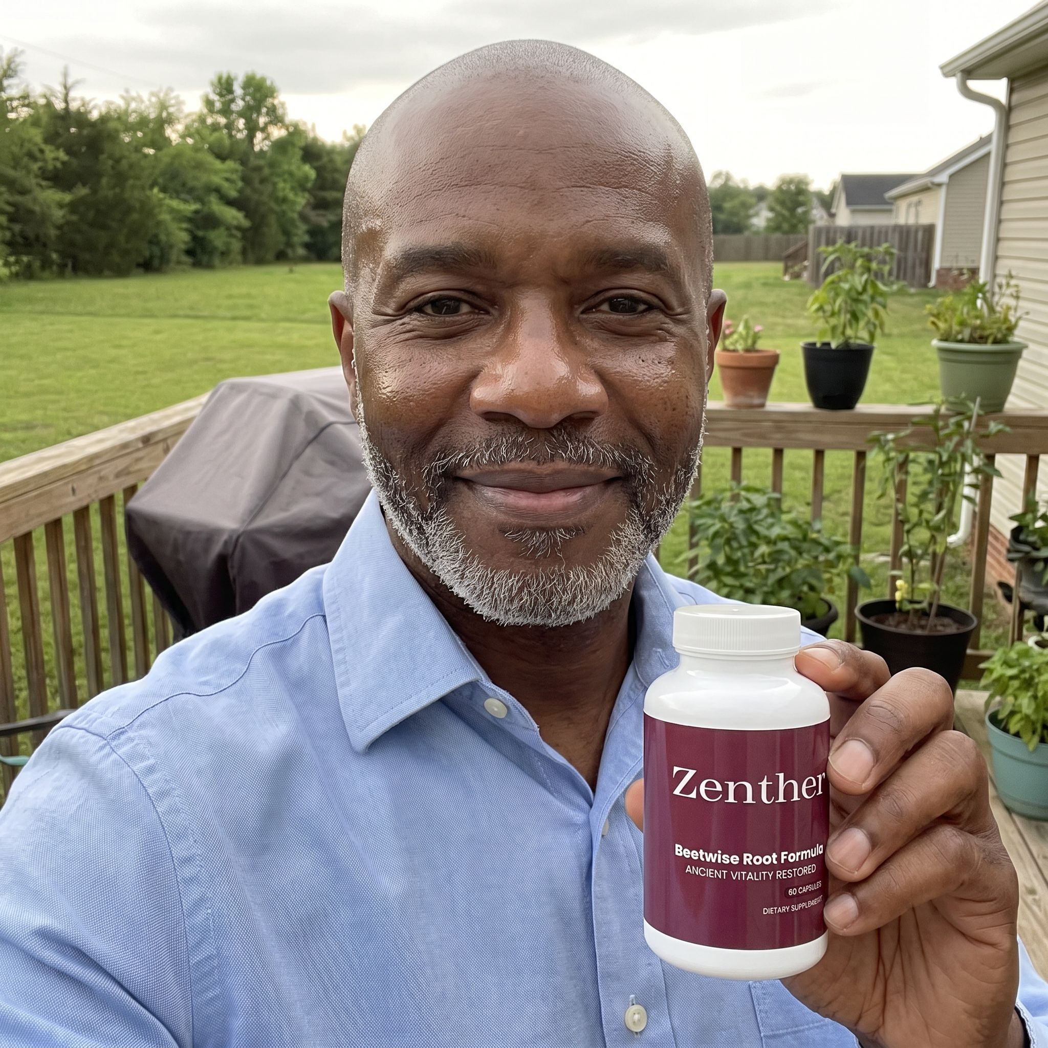 Man in his 50s holding a bottle of Zenther BeetWise Root Formula