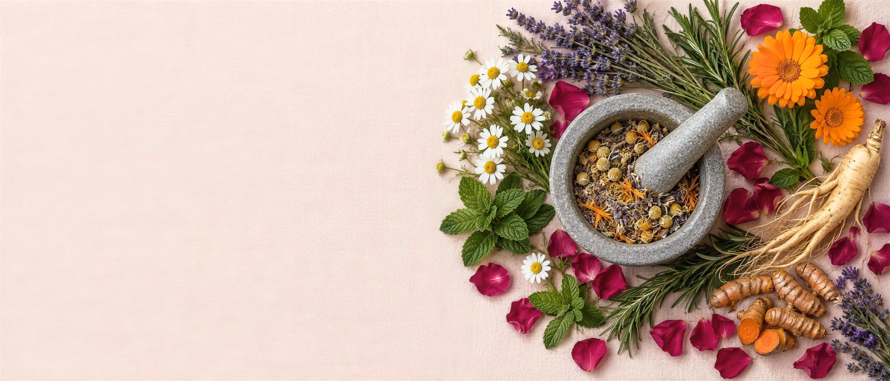 Herbs, roots, flowers and rose petals on blush linen
