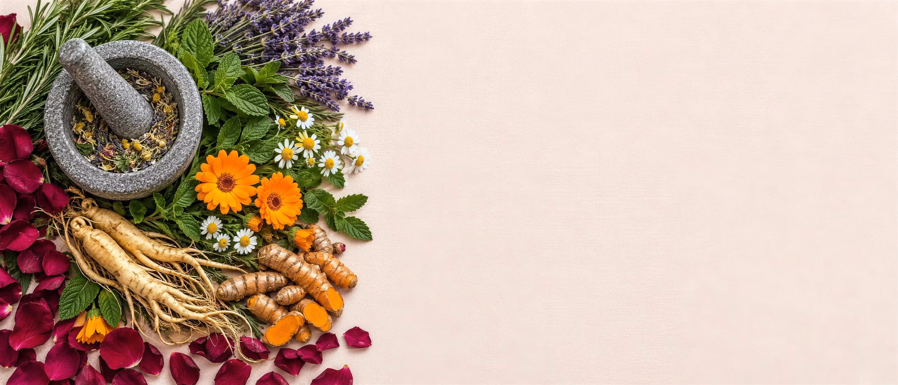 Herbs, roots, flowers and rose petals on blush linen