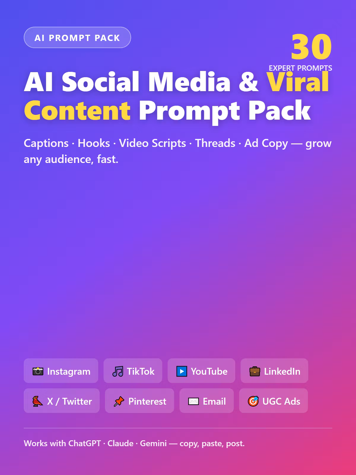 AI Social Media & Viral Prompt Pack - 30 Expert Prompts for IG, TikTok, YT