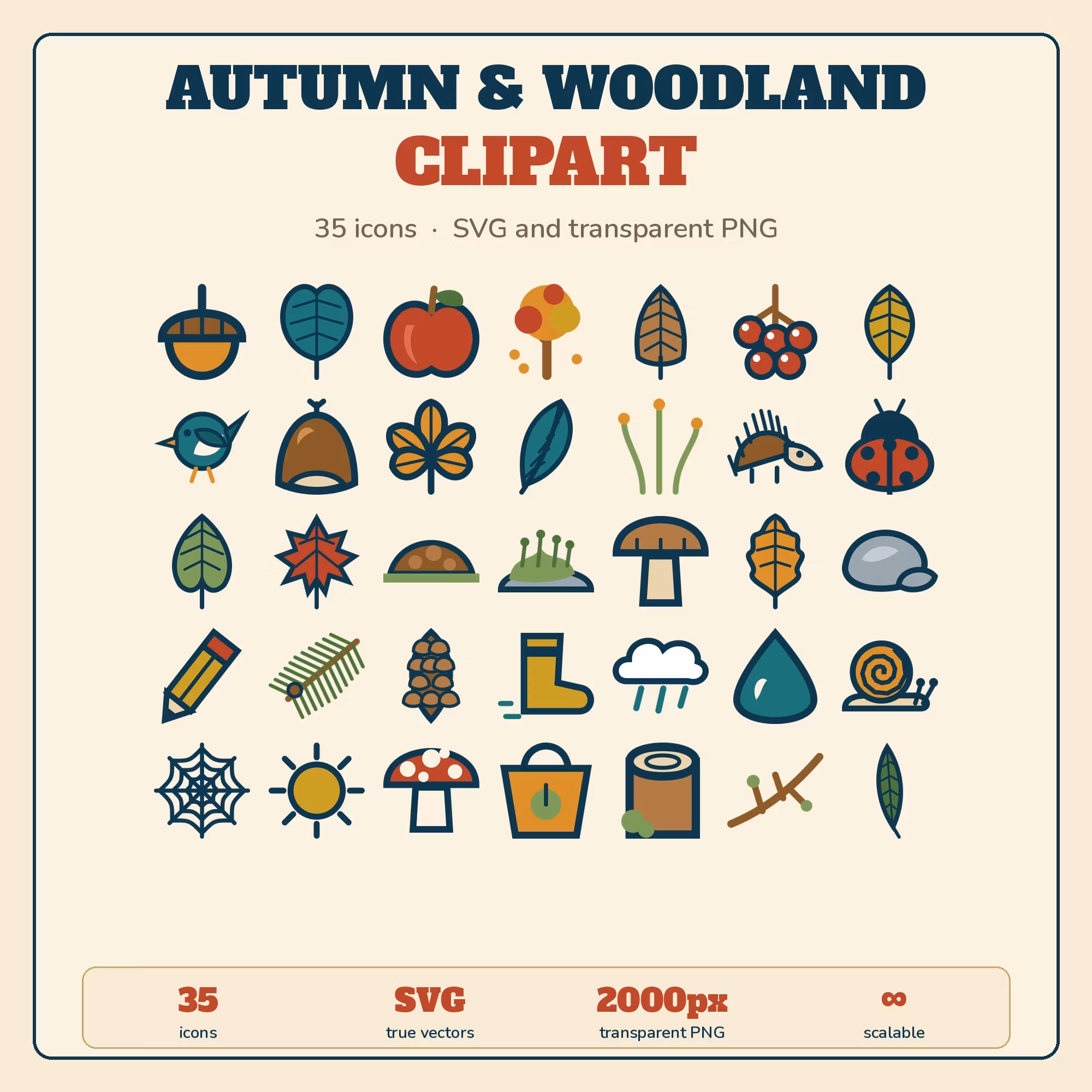 Autumn & Woodland Clipart — 35 Hand Drawn SVG & PNG Icons