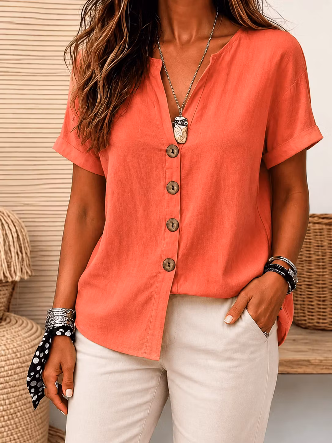 ELARA | Cotton-Linen V-Neck Blouse