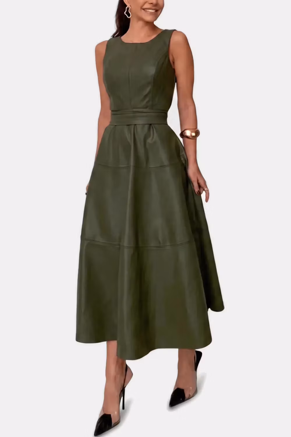 Leah Belted Faux-Leather Midi Dress