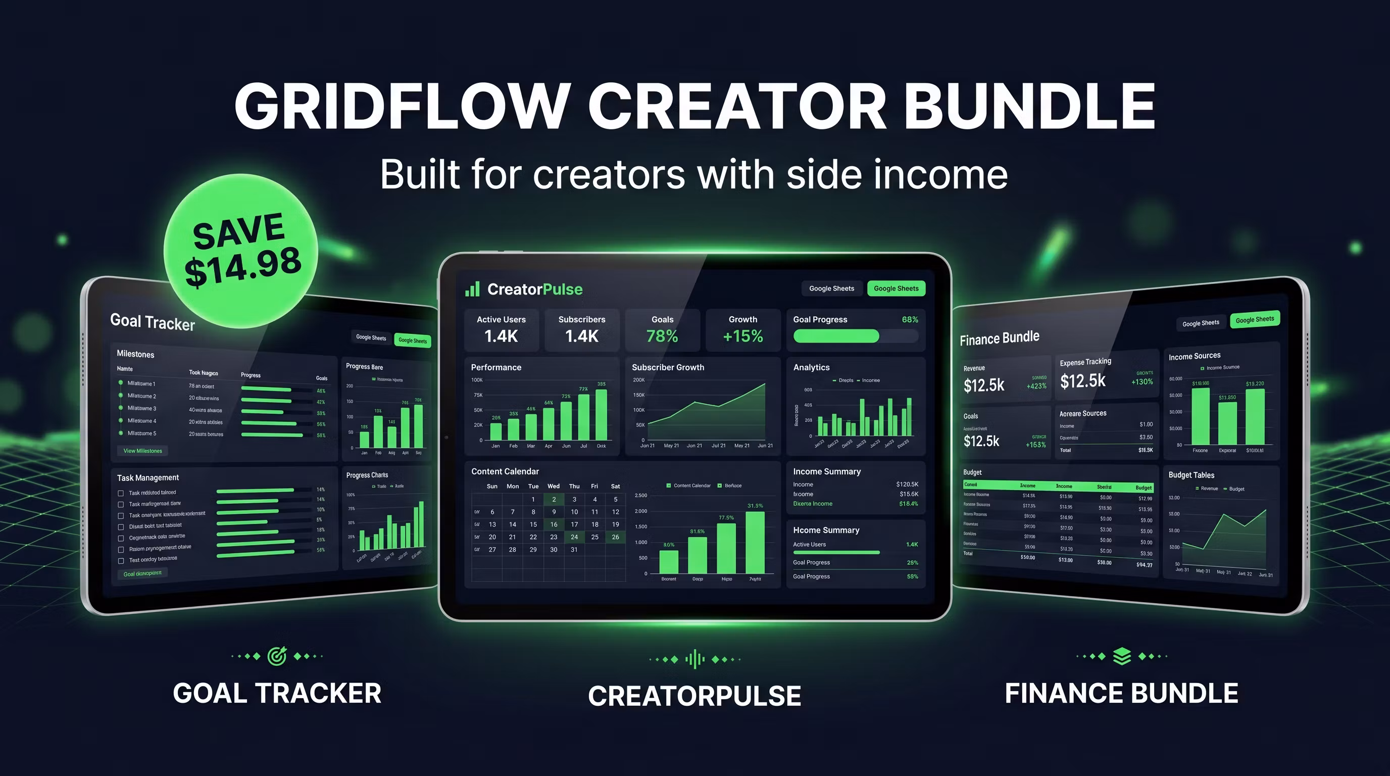 GridFlow Creator Bundle — Social Media Tracker + Goal Tracker + Finance System
