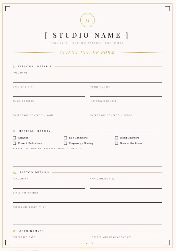 Tattoo Artist Client Intake & Consent Form Pack