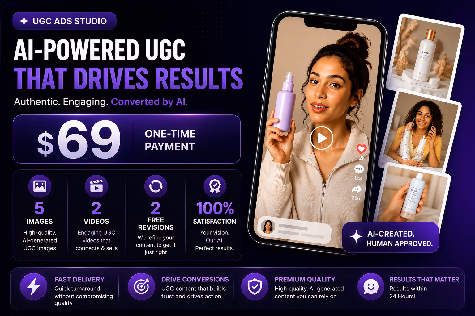 Professional UGC Ad Suite | AI UGC Videos (2) + UGC Images (5) + FREE 2 REVISION