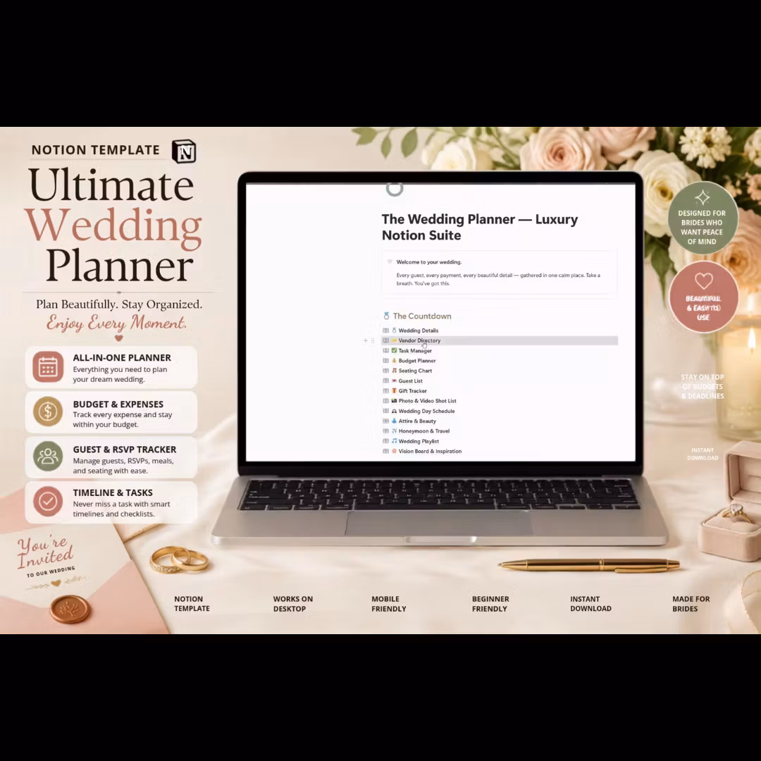 Wedding Planner Notion Template | Luxury Budget, RSVP & Guest List Tracker