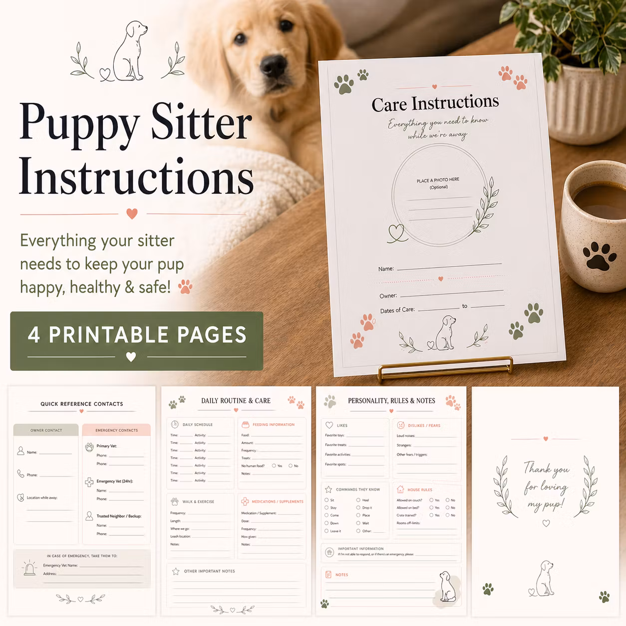 Printable Puppy Sitter Instructions | Pet Sitter Info Sheet (PDF)