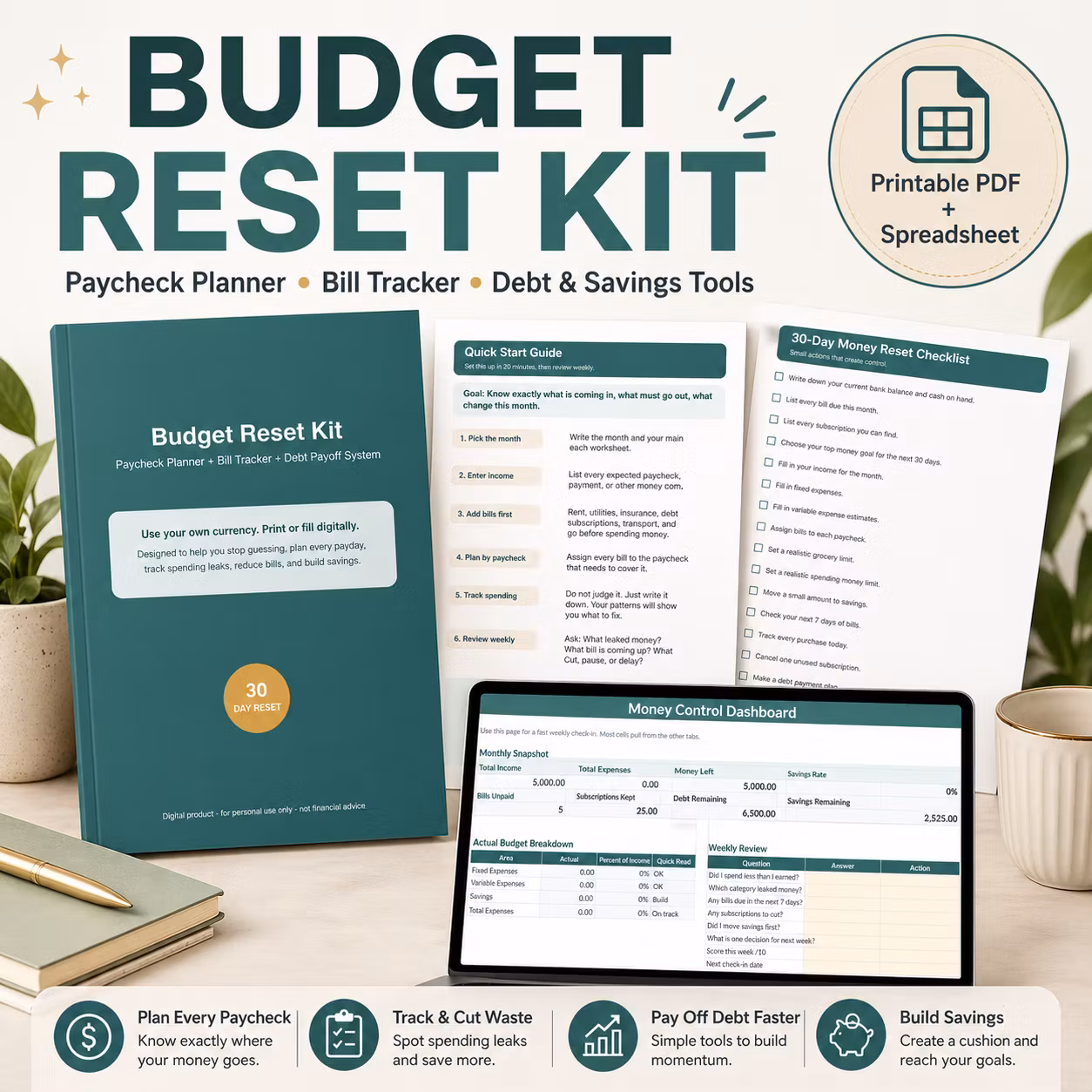 Budget Reset Kit | Paycheck Planner, Bill Tracker, Debt Payoff & Savings Tracker