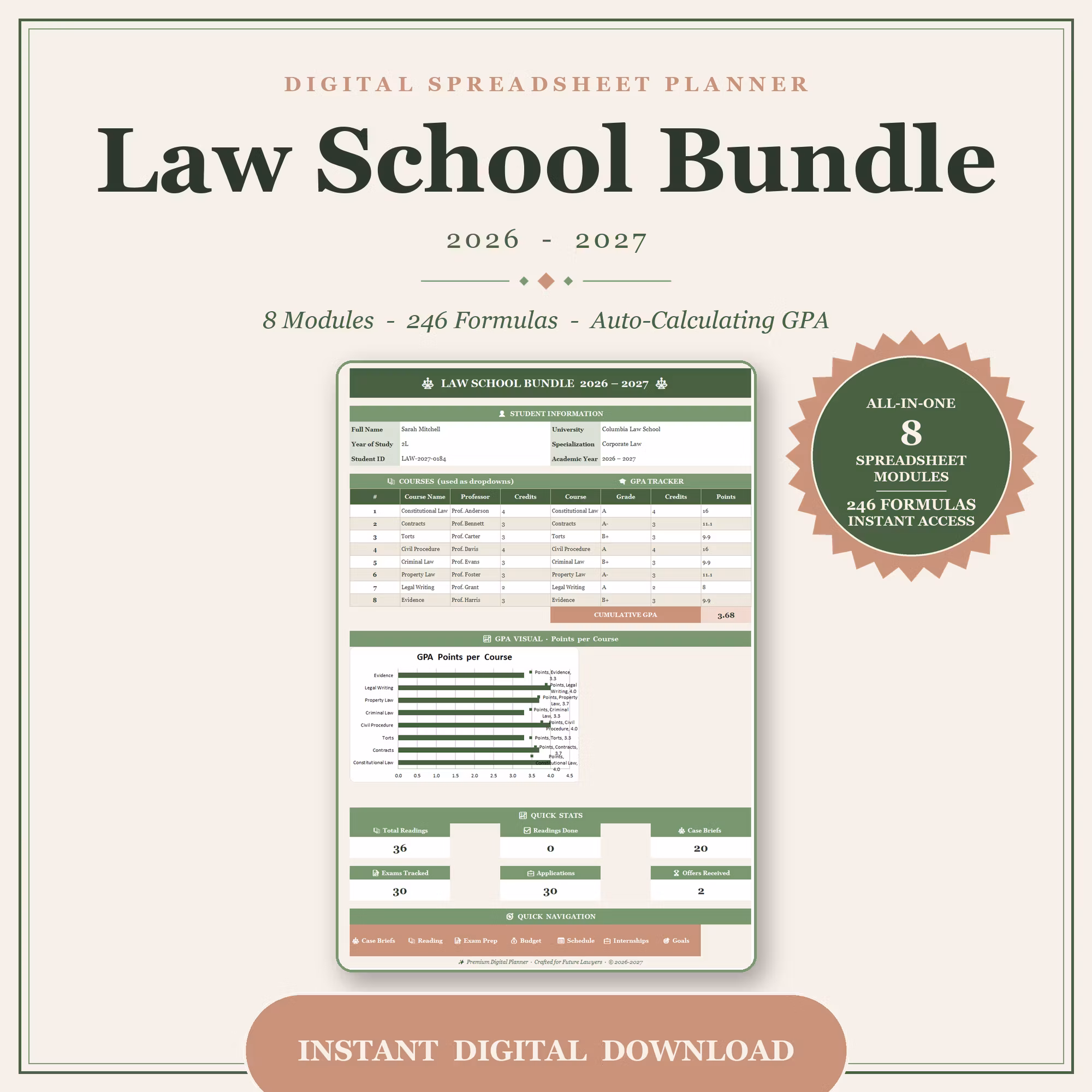 Law School Planner Bundle 2026-2027 | GPA Tracker, Case Briefs (Excel/Sheets)