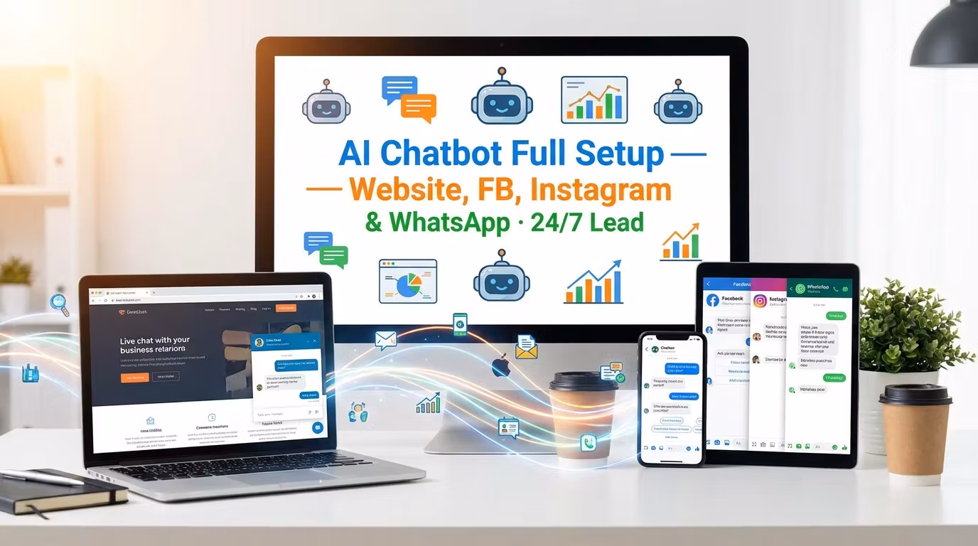 AI Chatbot Full Setup — Website, FB, Instagram & WhatsApp · 24/7 Lead Machine 