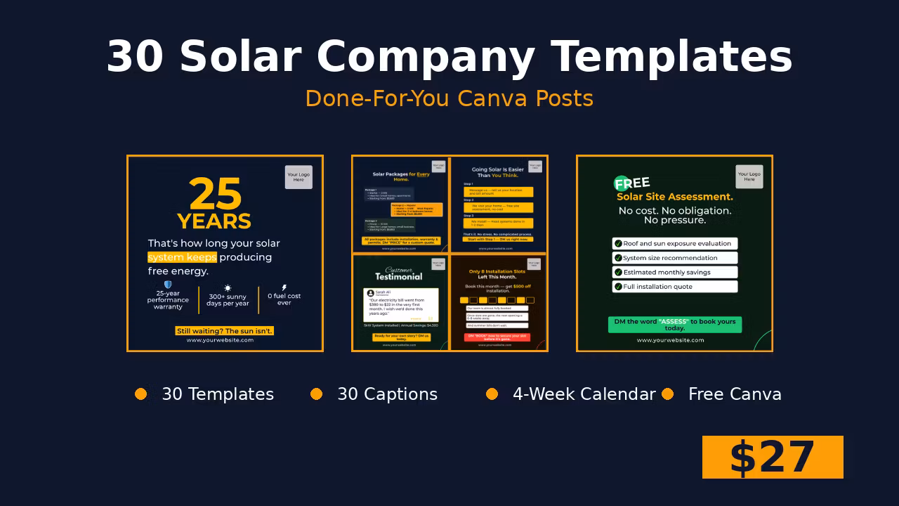 Solar Social Media Templates Canva | 30 Instagram Facebook Posts for Solar Compa