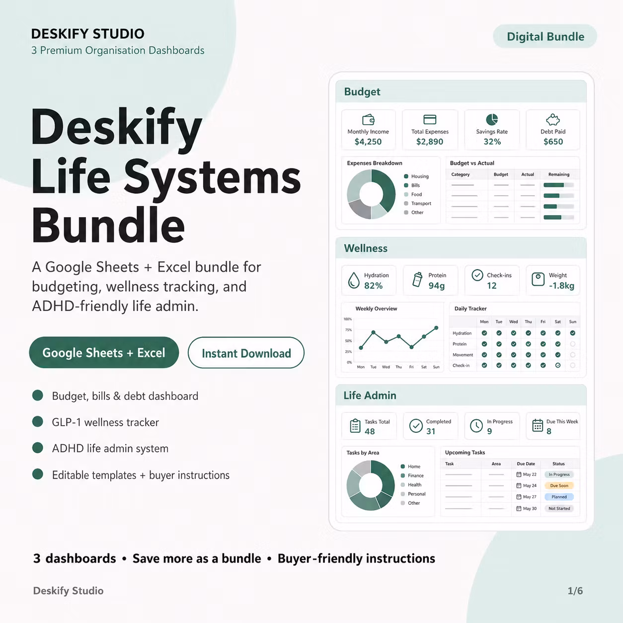 Deskify Life Systems Bundle — 3 Google Sheets Dashboards
