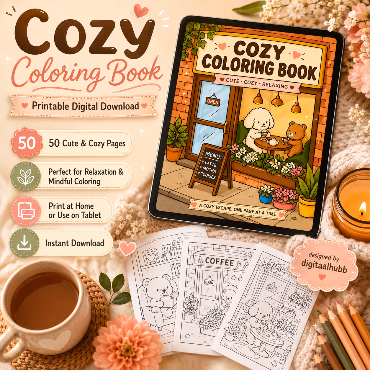 Cozy Animal Coloring Book, Printable PDF (Digital Download)