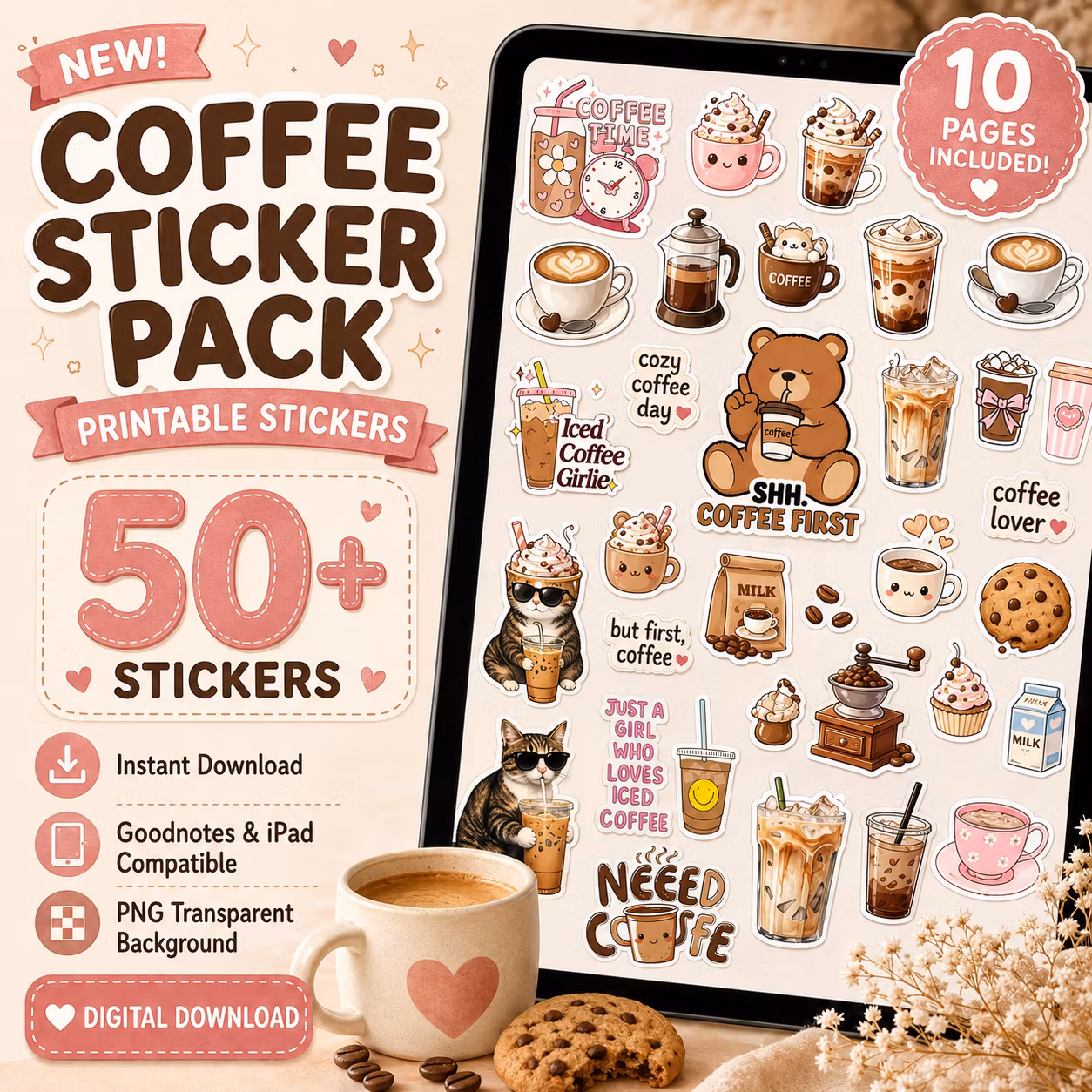 Cute Coffee Stickers Pack, Printable Kawaii Iced Coffee & Latte Planner Stickers