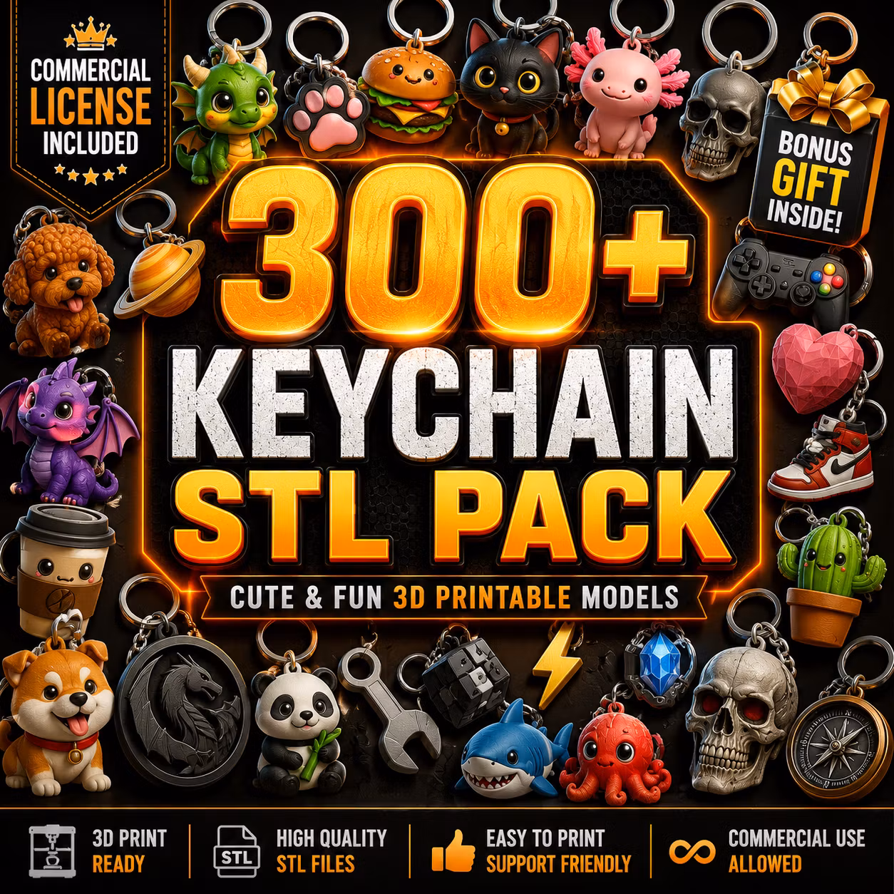 300+ Keychain STL Bundle | Fun & Printable 3D Keychains