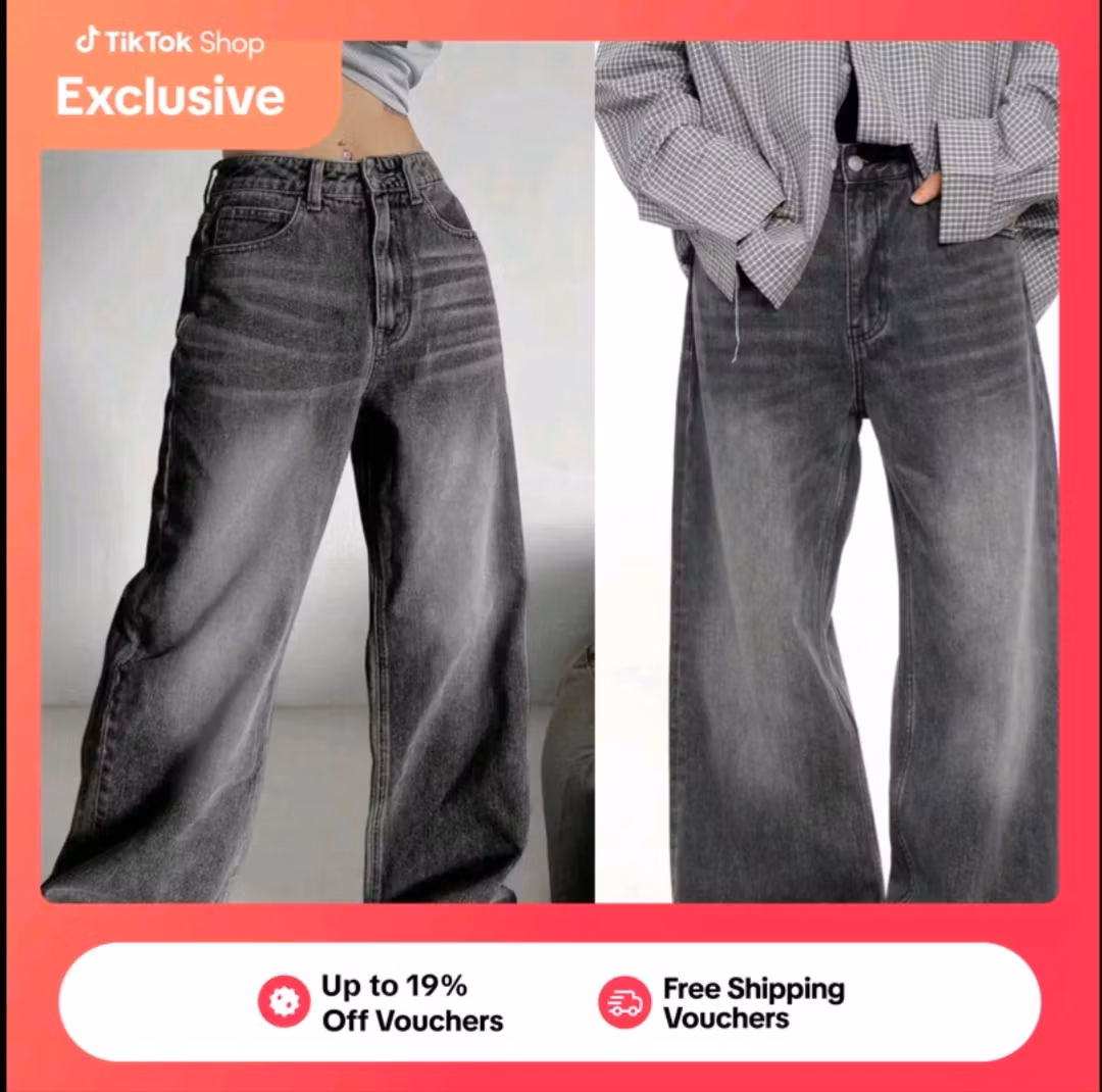 Gray Wide-Leg Jeans Retro Wash style Loose American Design Denim Pants Unisex ht