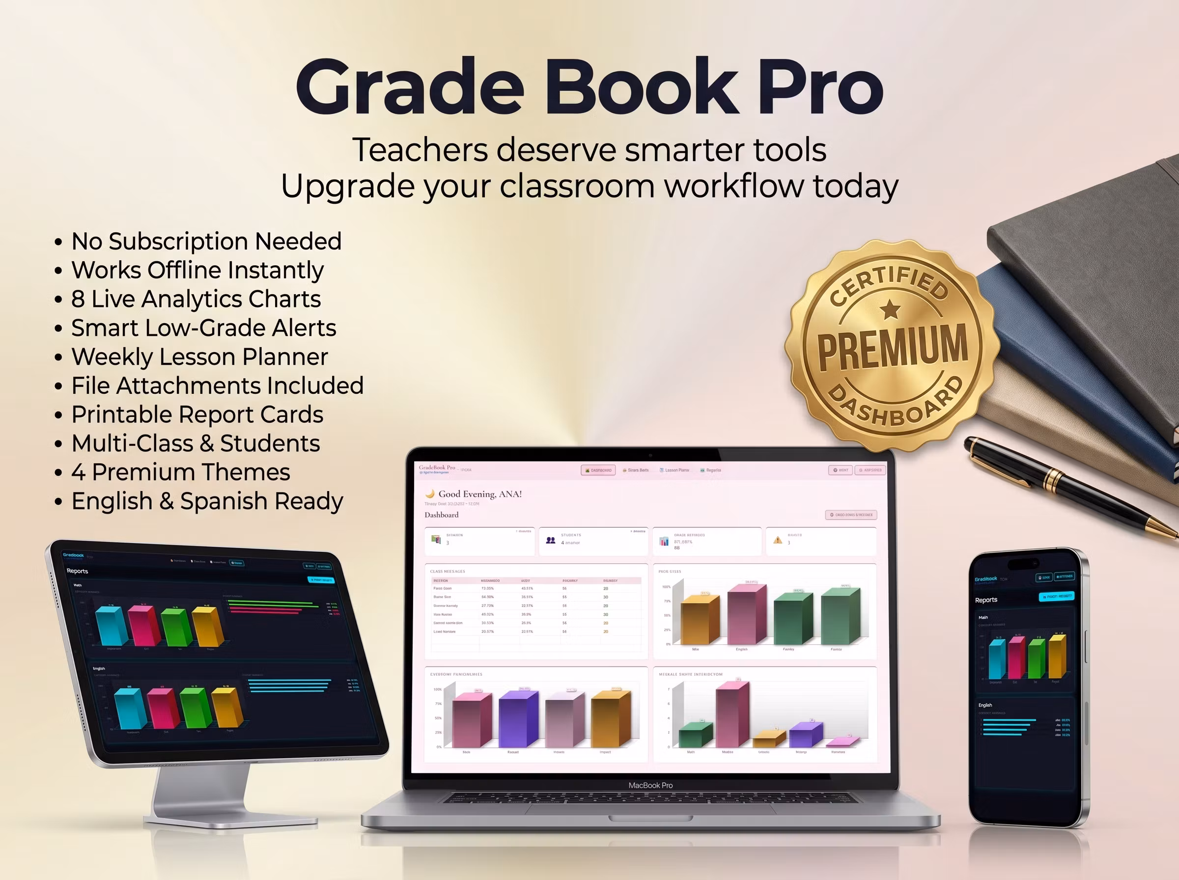 Gradebook Pro: Offline Teacher Gradebook, Analytics, Planner (Single File)