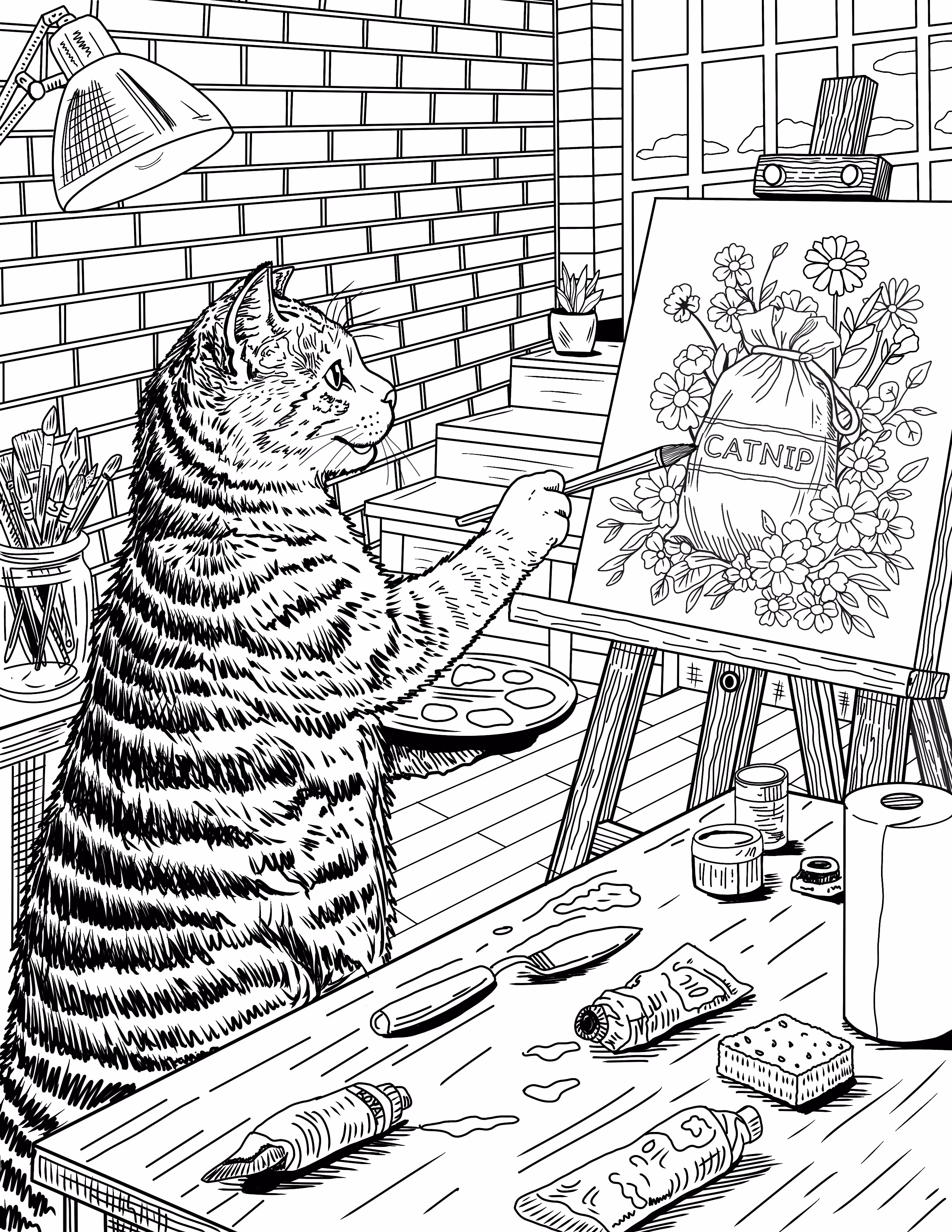 Cat's Delight on Canvas Coloring Page