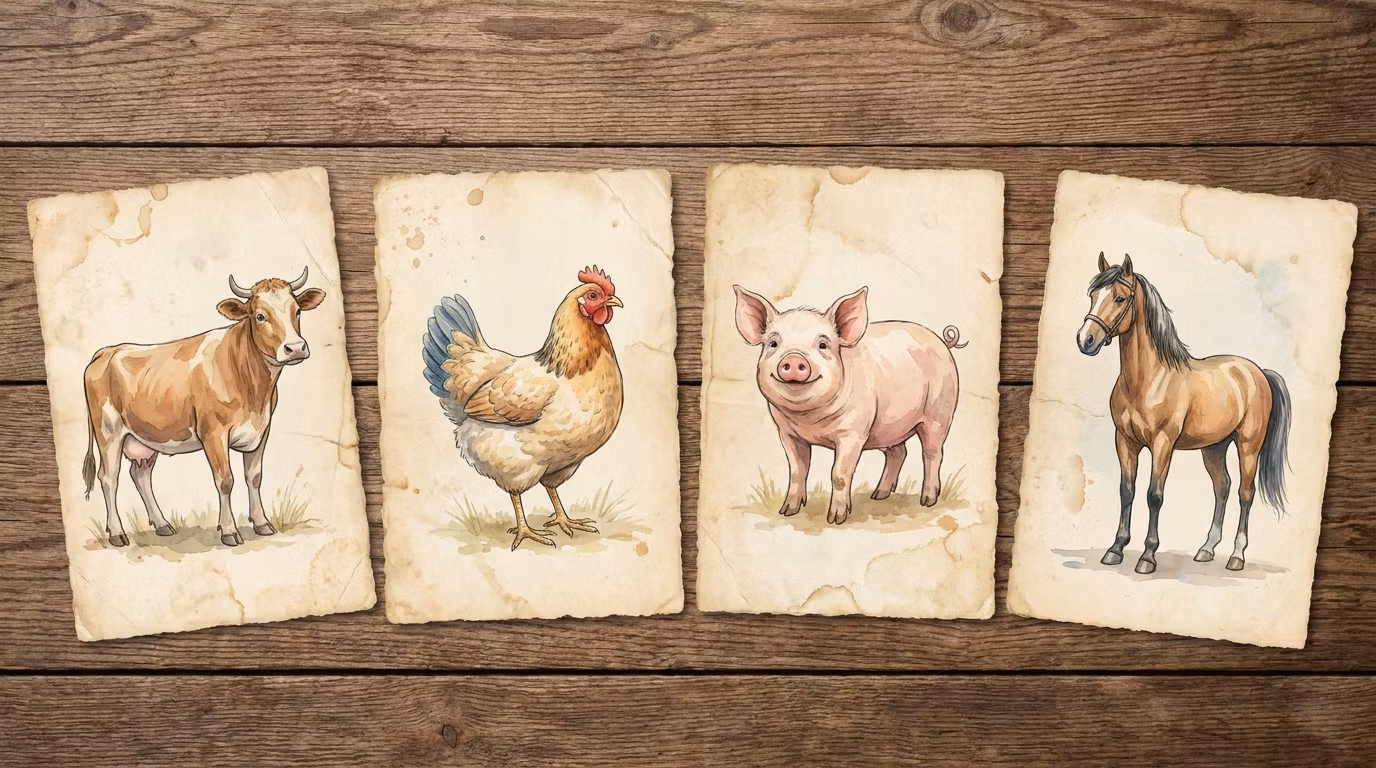 Farm Animals Vintage Flashcards