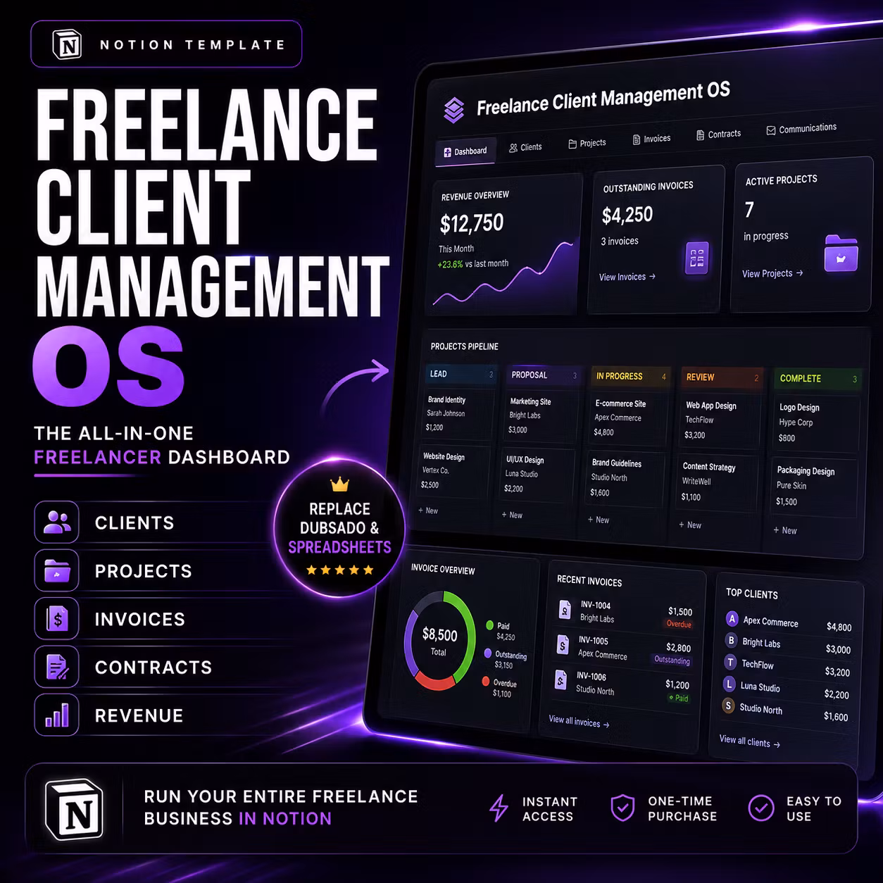 Freelance Client Management OS Notion Template | CRM, Tracker, Pipeline 