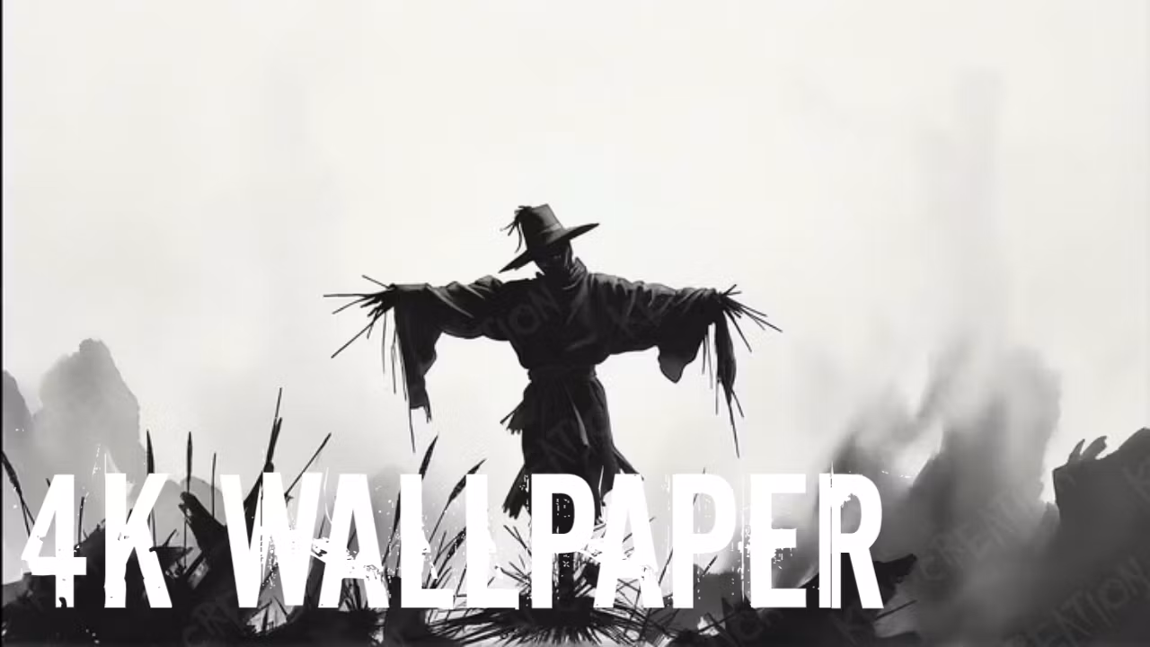 Dark Scarecrow 4K Wallpaper | Monochrome Horror Ink Illustration