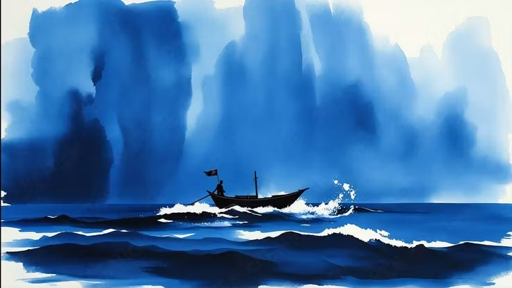 Solitary Boat in Rough Blue Ocean 4K Wallpaper | Minimalist Watercolor Art
