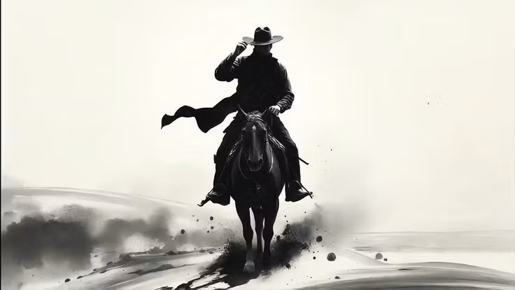 Lone Cowboy Riding Horse 4K Wallpaper | Monochrome Western Ink Art