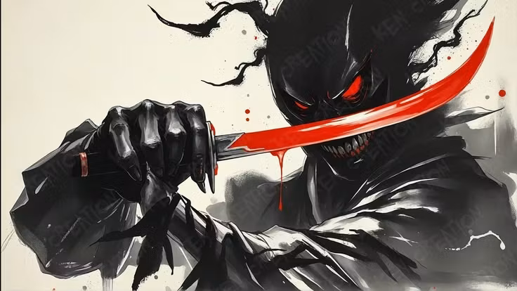 Oni Assassin 4K Wallpaper | Dark Anime Ink Illustration