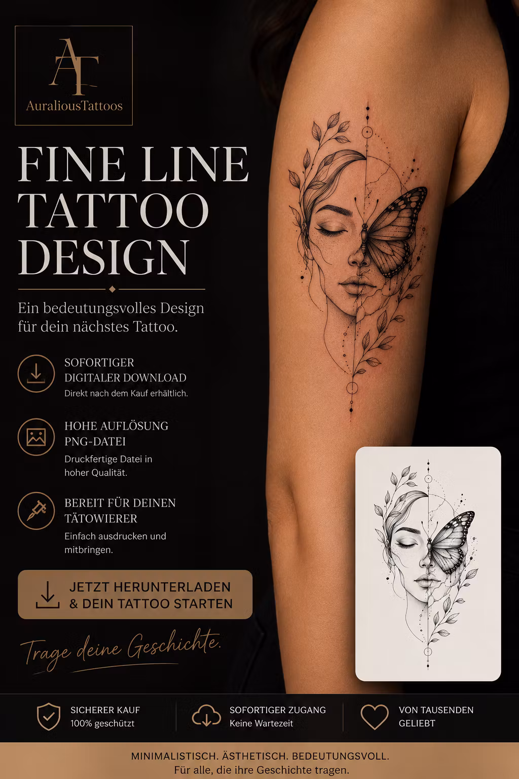 Fine Line Tattoo Vorlage – Schmetterling & Frau