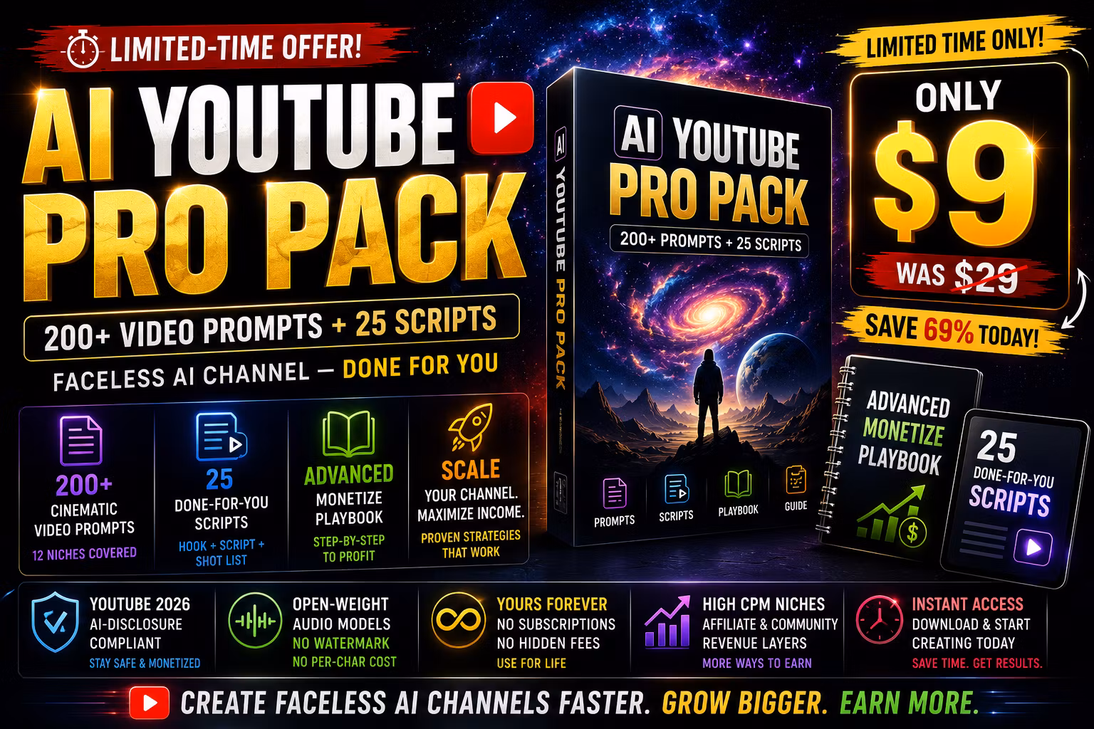 AI YouTube Pro Pack — 200+ Video Prompts + 25 Scripts