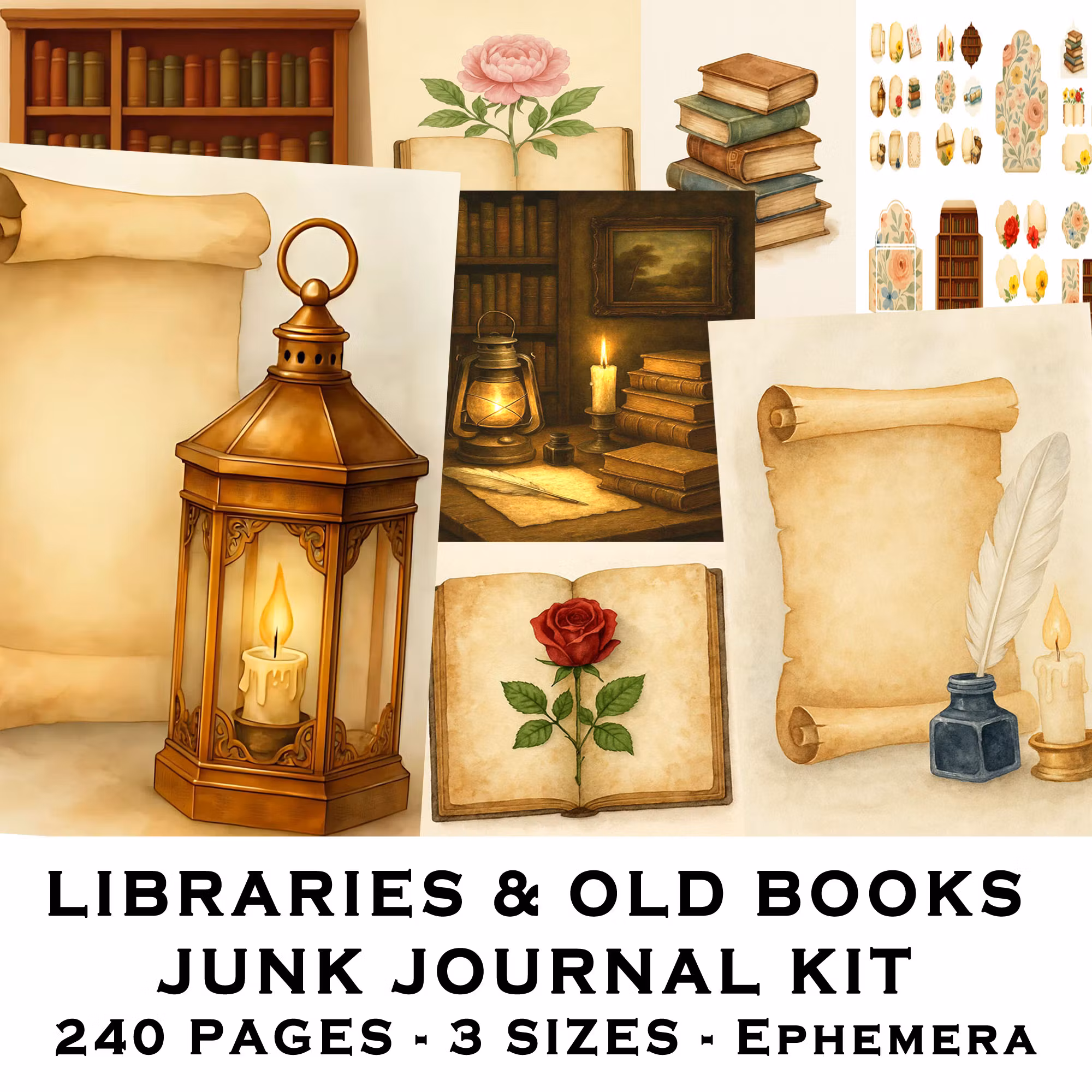 PLR Libraries and Old Books Junk Journal Kit, Printable Digital Download 