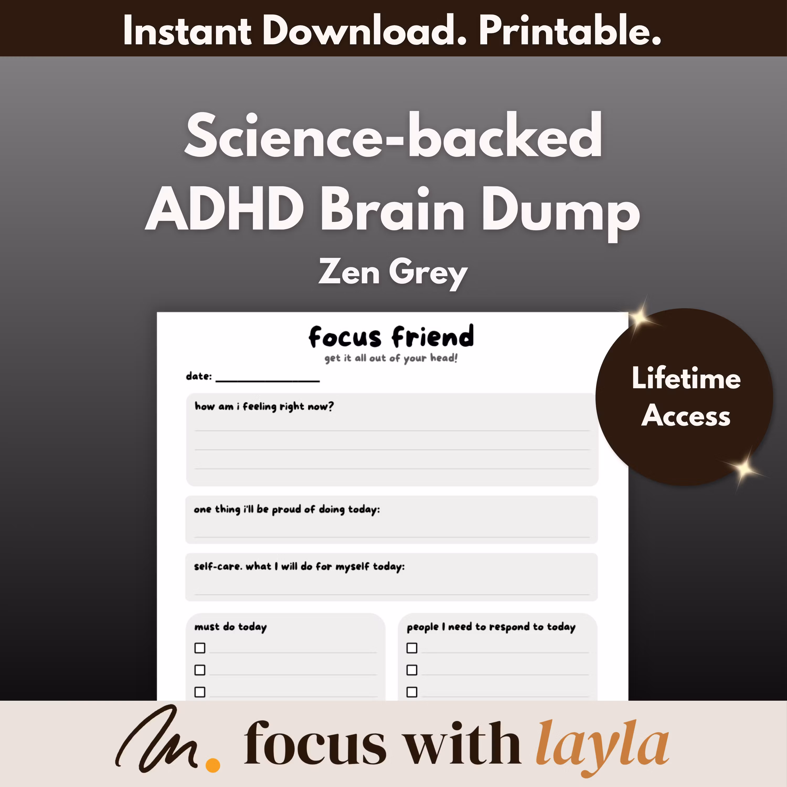 ADHD Brain Dump (Zen Grey) Daily Self-Care Planner. Print/iPad. Instant Download