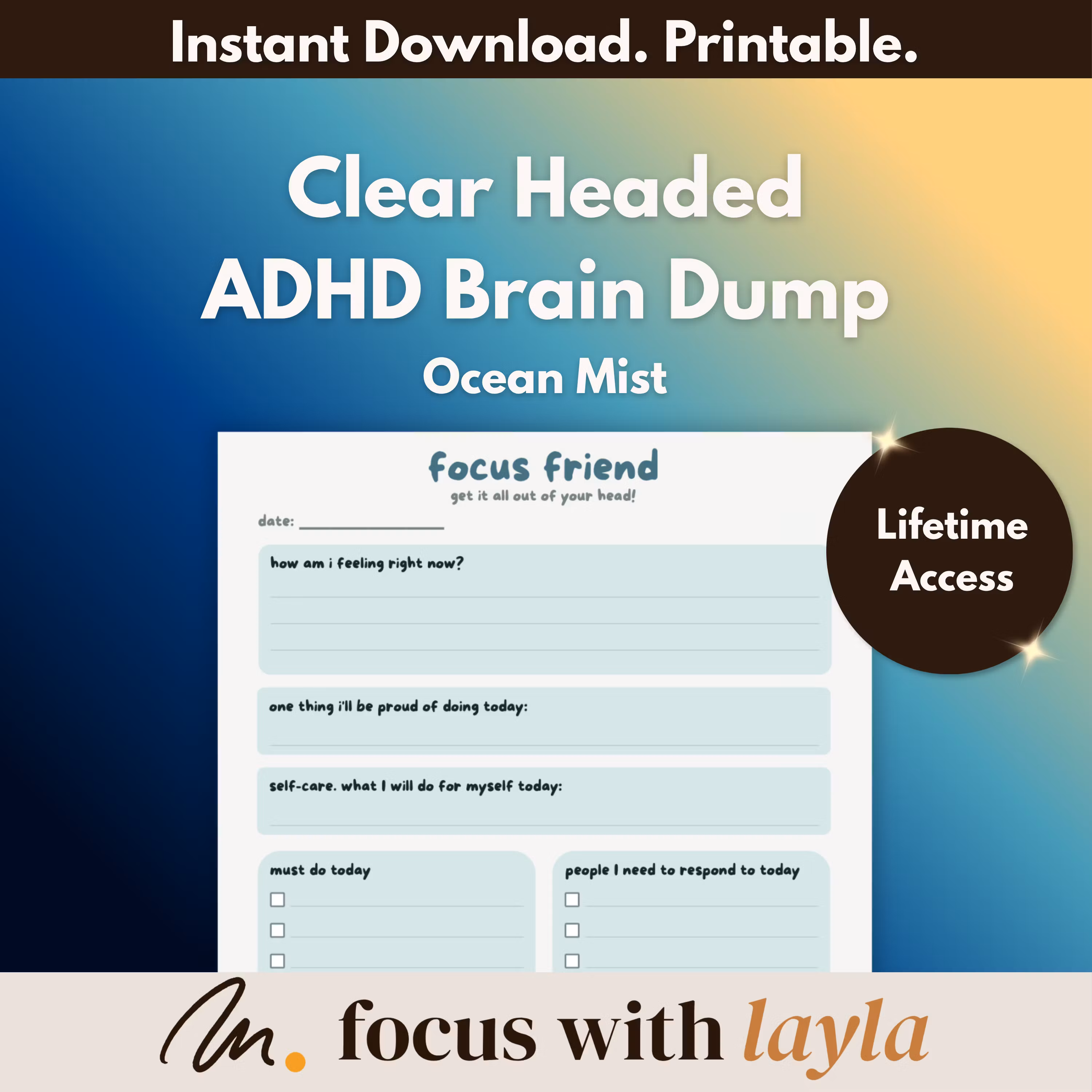 Focus Friend – ADHD Brain Dump - (Ocean Mist) | ADHD Planner, Executive Function