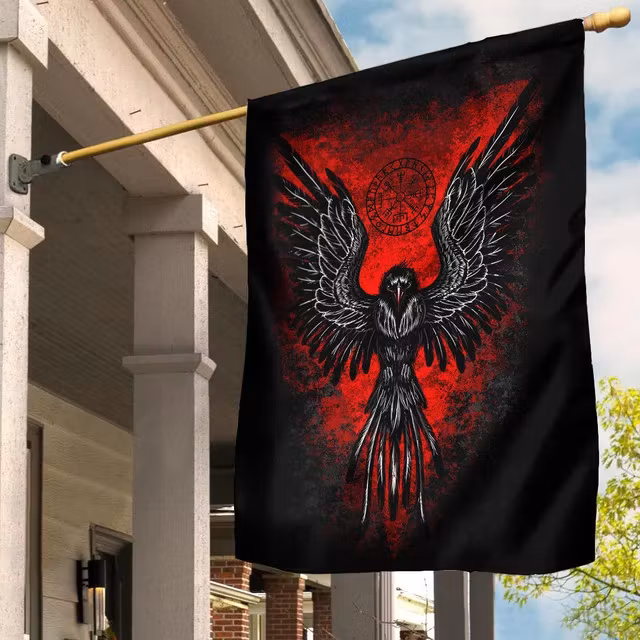Viking Raven Vegvisir Blood Background Flag