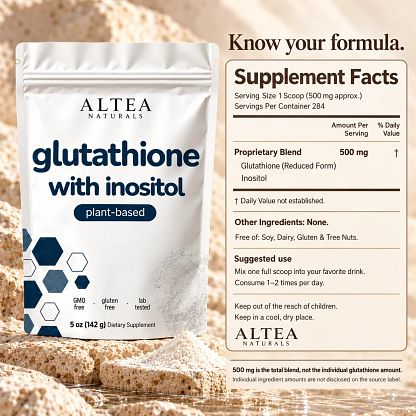 Altea Glutathione with Inositol Supplement Facts — 500 mg combined blend per scoop, 284 servings