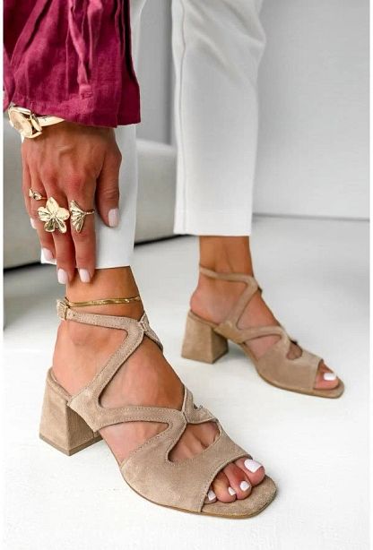 Beige Suede Square-Toe Block Heels with Ankle Strap