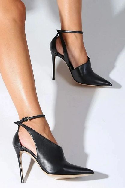 Black Pointed-Toe Cut-Out Stilettos with Ankle Strap and Buckle