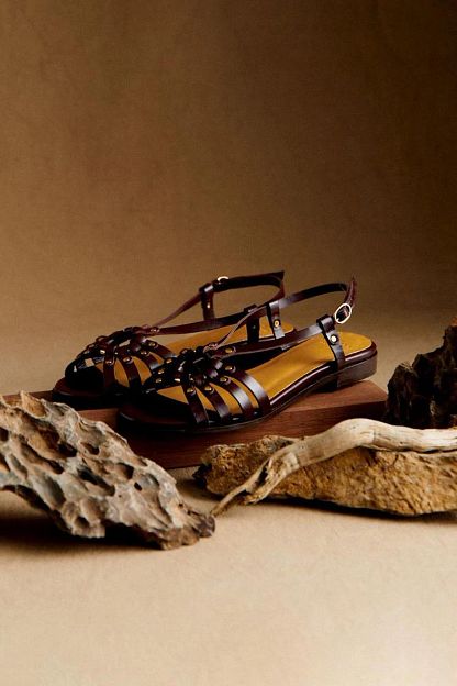 Dark Brown Peep-Toe Cut-Out Sandals with Metal Studs