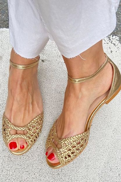 Elegant Woven Cut-Out Flat Open-Toe Sandals with Ankle Strap